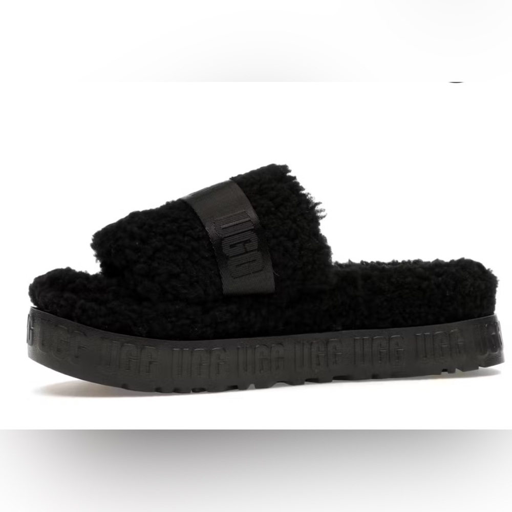 UGG AUS Fluffita Fur Slide Platform Sandals Logo Straps Chunky Casual Cozy Warm